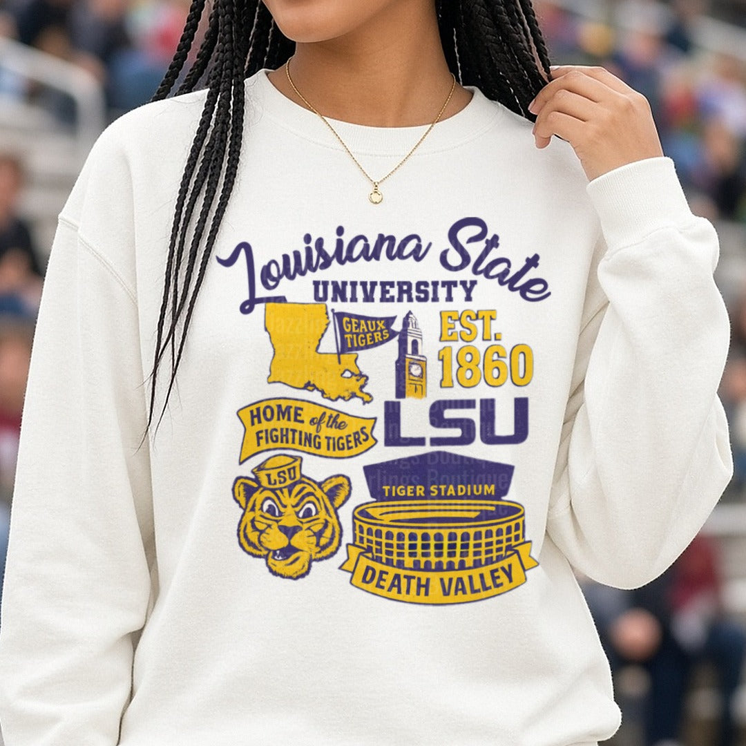 Louisiana State University LSU Tigers Vintage Collage DTF transfer shown on a Comfort Colors sweatshirt