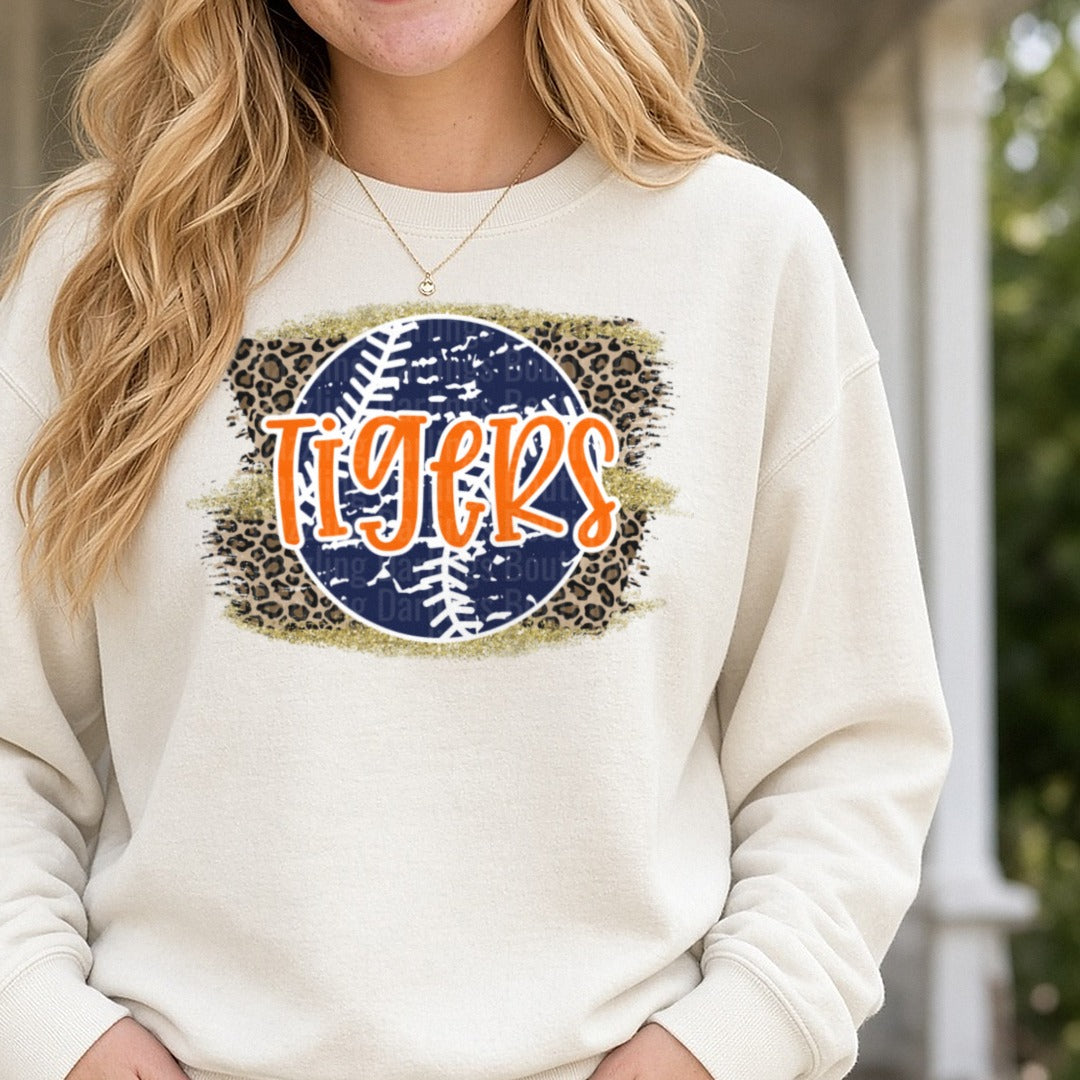 Tigers Baseball Leopard Print Navy Orange Distressed Design DTF transfer shown on a Comfort Colors sweatshirt