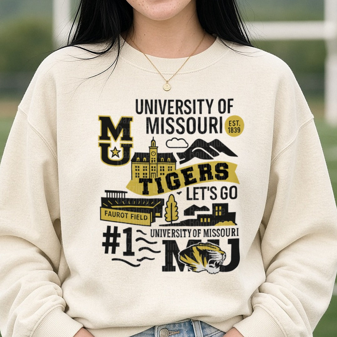 University of Missouri Tigers MU Mizzou Campus Collage DTF transfer shown on a Comfort Colors sweatshirt