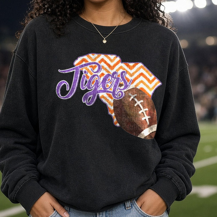 Tigers Script Florida State Shape Orange Chevron Football DTF transfer shown on a Comfort Colors sweatshirt