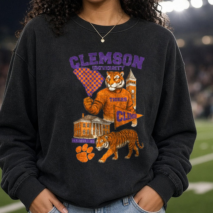 Clemson University Tigers Mascot South Carolina Collage DTF transfer shown on a Comfort Colors sweatshirt