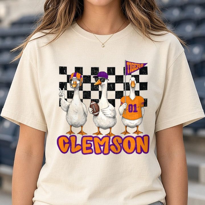 Clemson Tigers Three Geese Football Fan Squad DTF transfer shown on a Comfort Colors tee