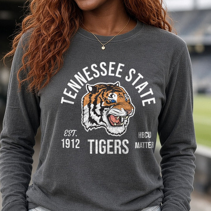 Fierce Roaring Tiger Head with Blue Eyes Mascot Logo DTF transfer shown on a Comfort Colors long sleeve tee