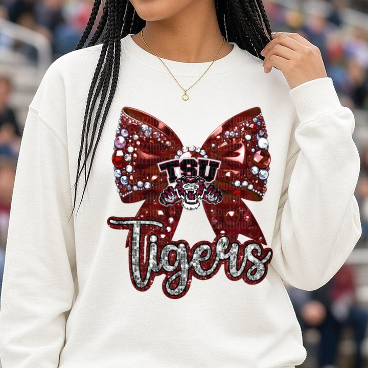 TSU Tigers Rhinestone Bow Glitter Script Logo DTF transfer shown on a Comfort Colors sweatshirt
