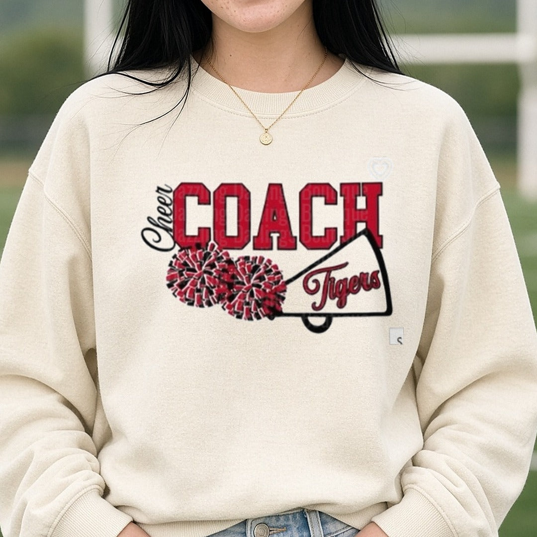 Cheer Coach Tigers Pom Pom Megaphone Graphic DTF transfer shown on a Comfort Colors sweatshirt