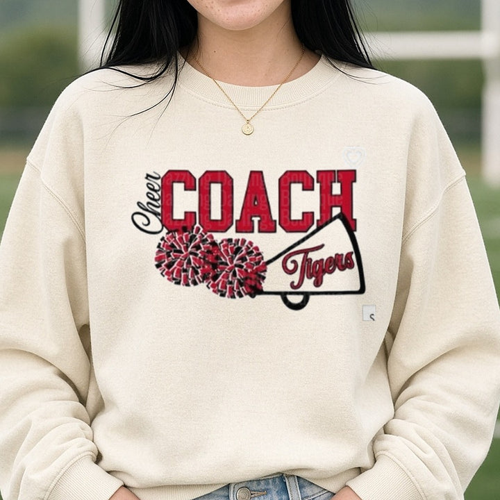 Cheer Coach Tigers Pom Pom Megaphone Graphic DTF transfer shown on a Comfort Colors sweatshirt