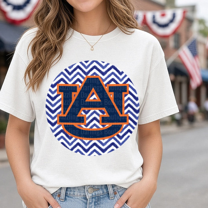 Auburn Tigers AU Logo Navy Blue Chevron Circle Design DTF transfer shown on a Comfort Colors tee
