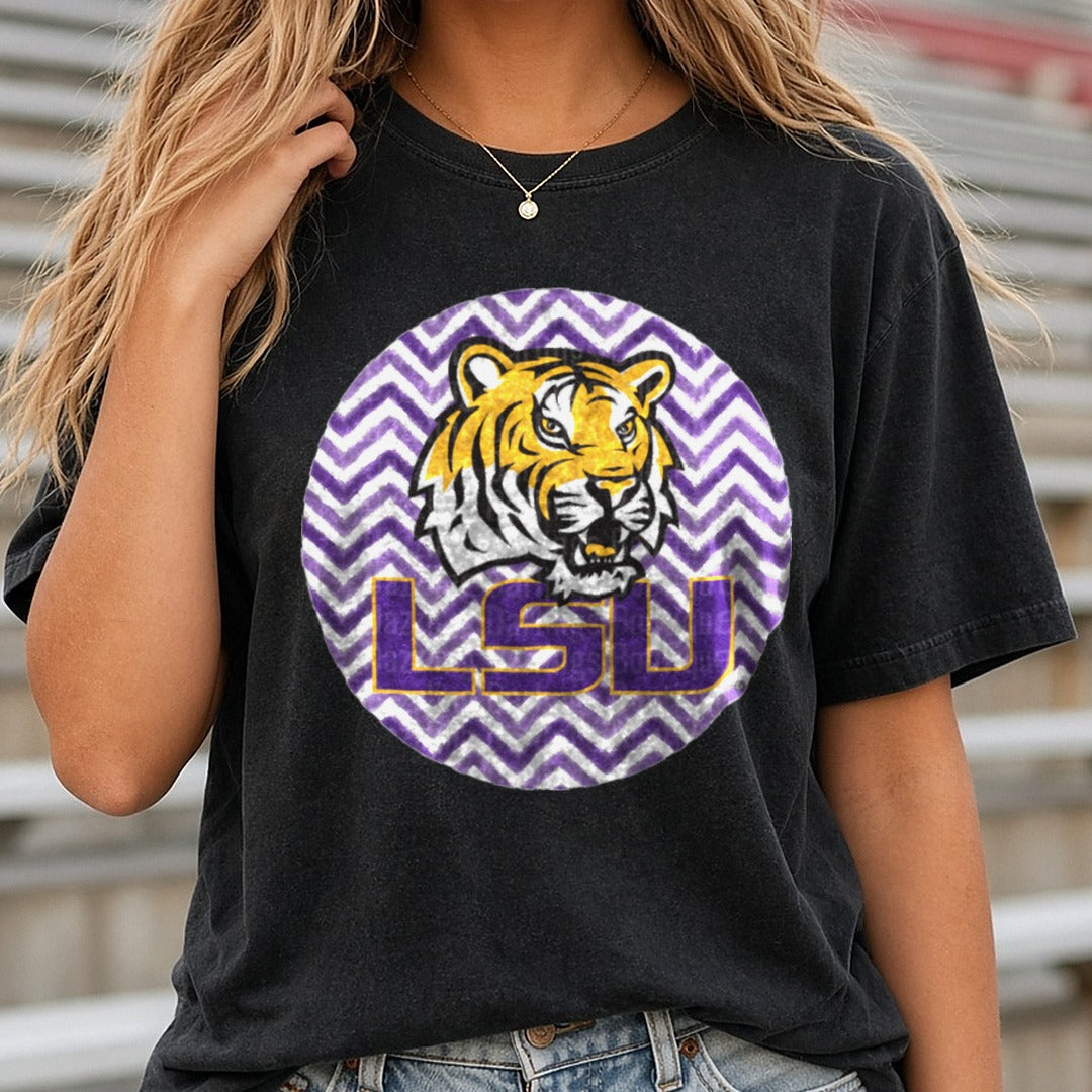 LSU Tigers Logo Circle Chevron Purple Gold Round Design DTF transfer shown on a Comfort Colors tee