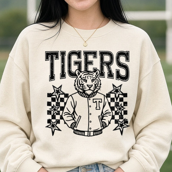 Tigers Mascot Varsity Jacket Checker Stars Grunge Graphic DTF transfer shown on a Comfort Colors sweatshirt