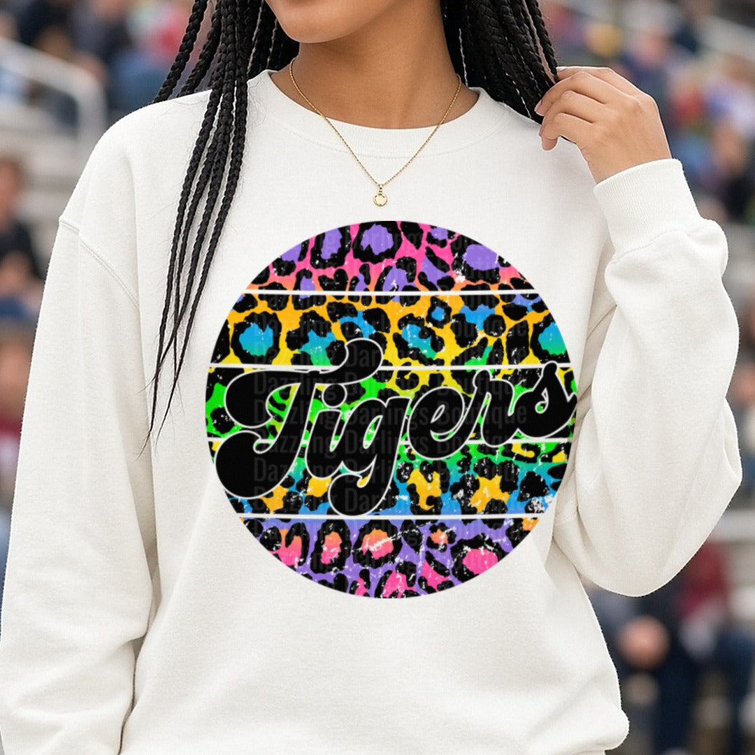 Tigers Rainbow Leopard Print Circle Badge Script DTF transfer shown on a Comfort Colors sweatshirt