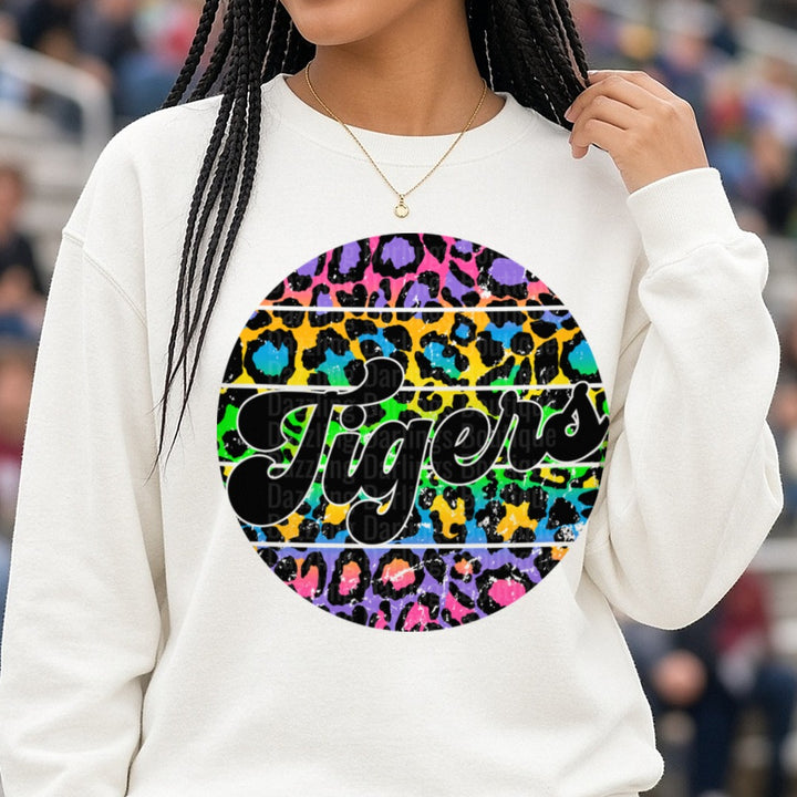 Tigers Rainbow Leopard Print Circle Badge Script DTF transfer shown on a Comfort Colors sweatshirt