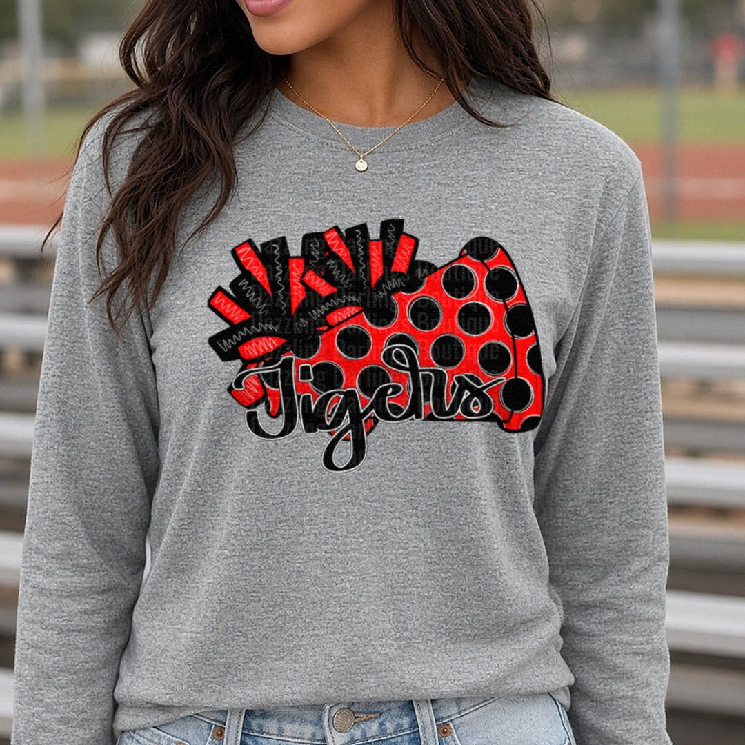 Tigers Red Black Polka Dot Cheer Pom Pom Game Controller DTF transfer shown on a Comfort Colors long sleeve tee