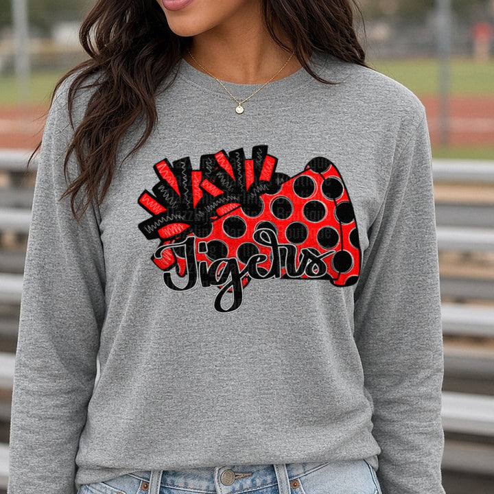 Tigers Red Black Polka Dot Cheer Pom Pom Game Controller DTF transfer shown on a Comfort Colors long sleeve tee