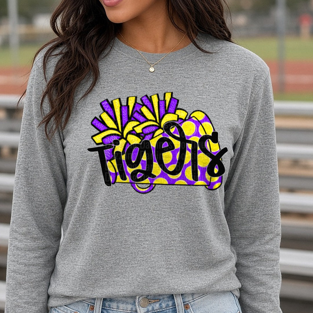 Tigers Purple and Gold Polka Dot Pom Pom Script Design DTF transfer shown on a Comfort Colors long sleeve tee