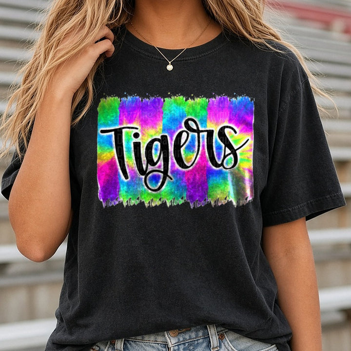 Tigers Script Lettering Rainbow Tie Dye Background DTF transfer shown on a Comfort Colors tee