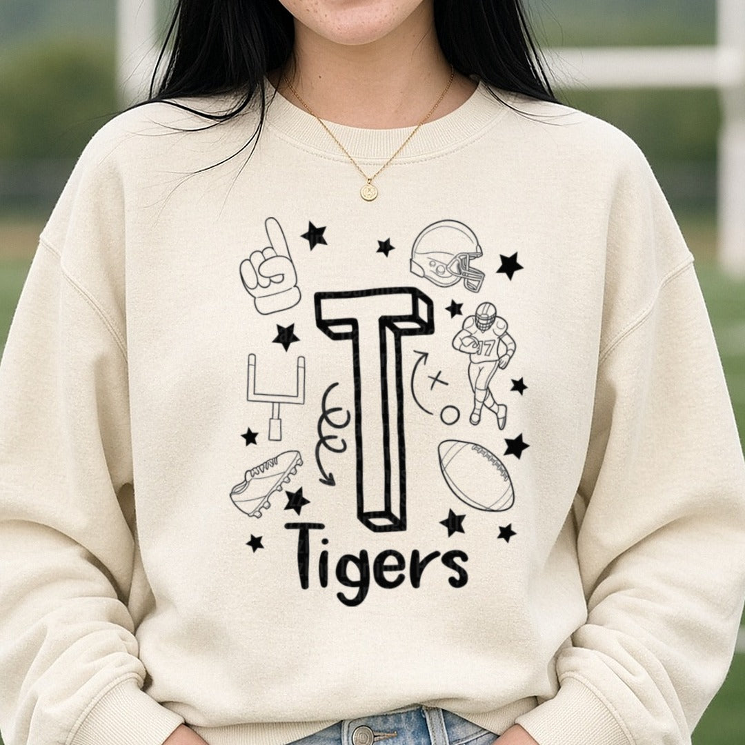 Tigers Football Letter T Coloring Style Design with Stars DTF transfer shown on a Comfort Colors sweatshirt