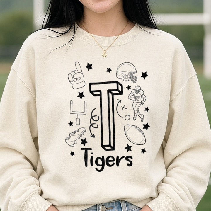 Tigers Football Letter T Coloring Style Design with Stars DTF transfer shown on a Comfort Colors sweatshirt