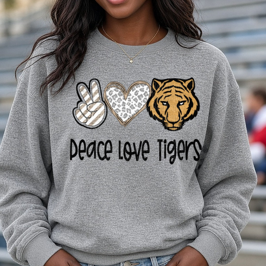 Peace Love Tigers Gold Glitter Leopard Heart Design DTF transfer shown on a Comfort Colors sweatshirt