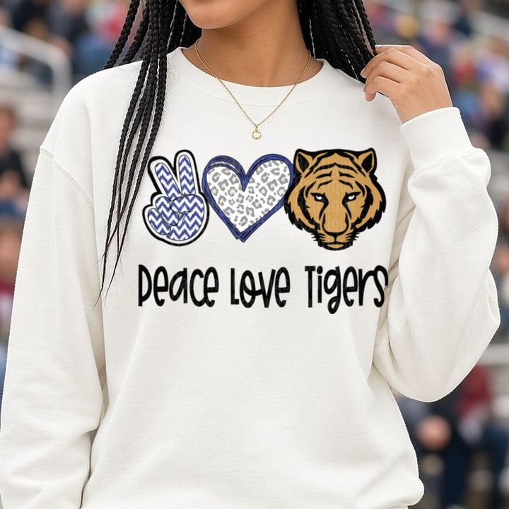 Peace Love Tigers Blue Chevron Leopard Heart Design DTF transfer shown on a Comfort Colors sweatshirt