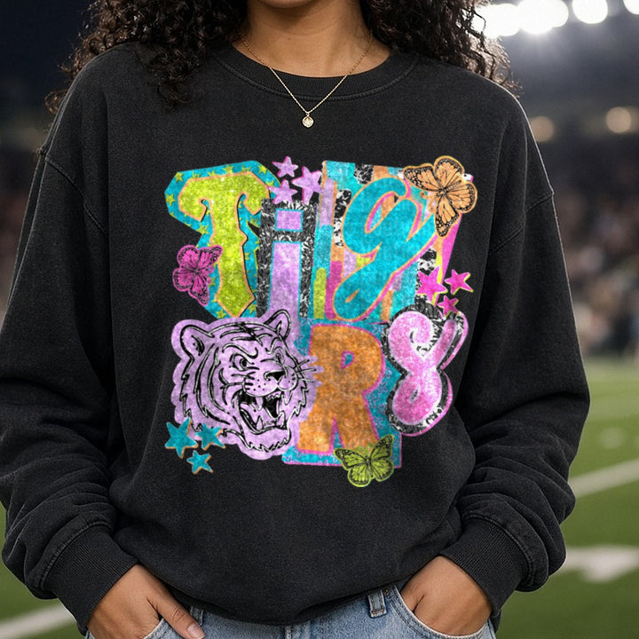 Retro Glitter Tigers Mascot with Butterflies and Stars DTF transfer shown on a Comfort Colors sweatshirt