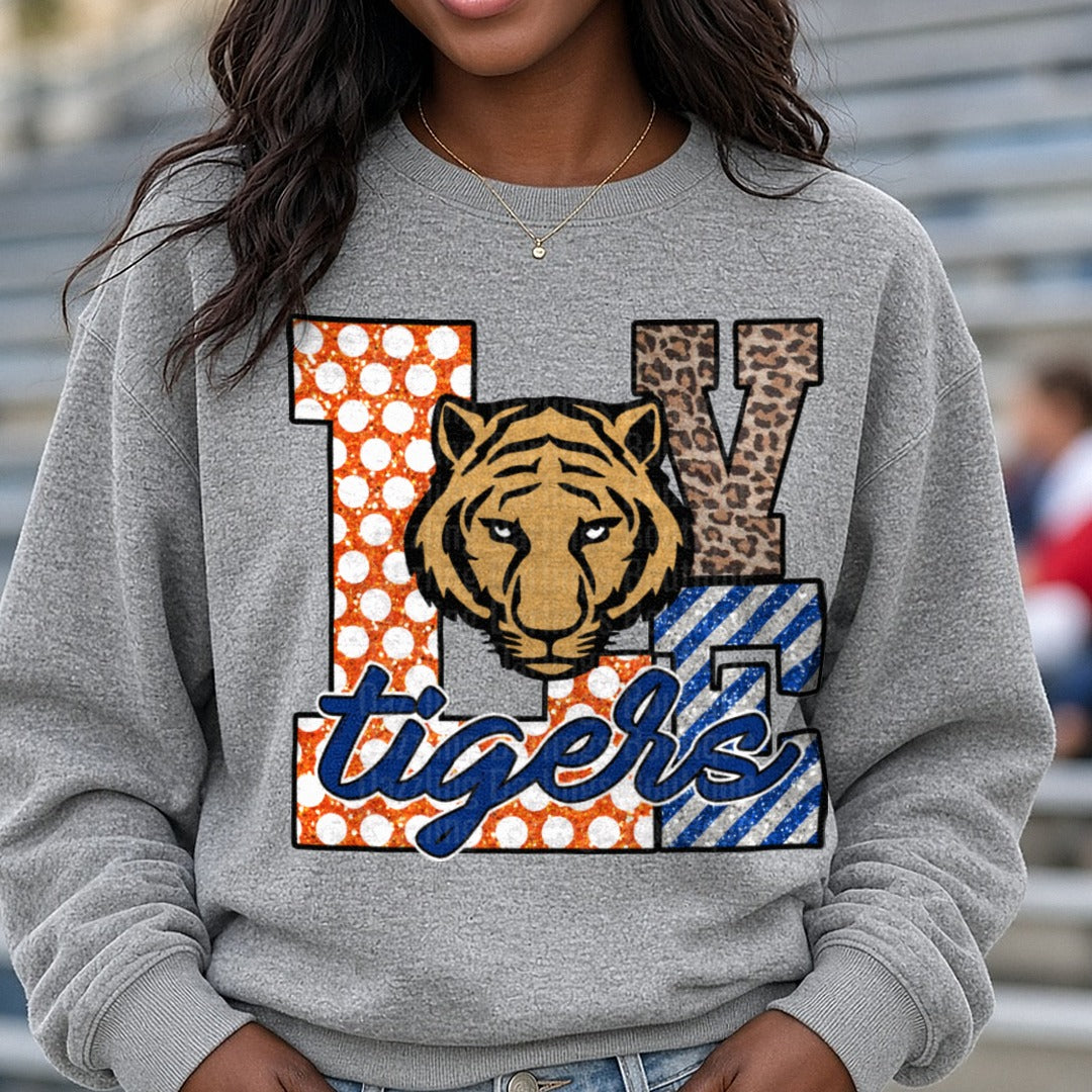 LOVE Tigers Mascot Glitter Leopard Print Block Letters DTF transfer shown on a Comfort Colors sweatshirt