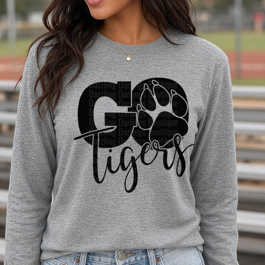 Go Tigers Paw Print Bold Script Spirit Design DTF transfer shown on a Comfort Colors long sleeve tee
