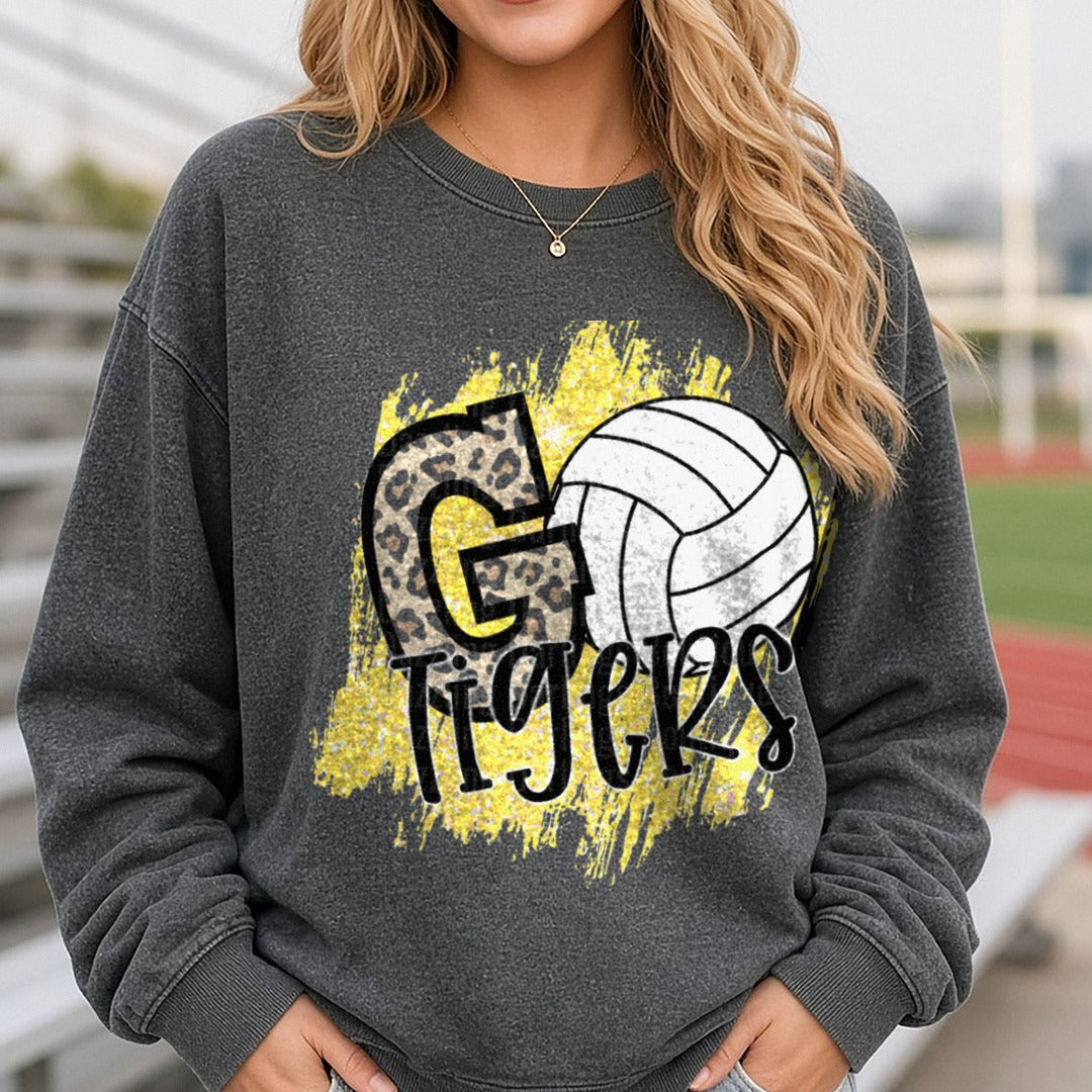 Go Tigers Volleyball Leopard Print Gold Glitter Design DTF transfer shown on a Comfort Colors sweatshirt
