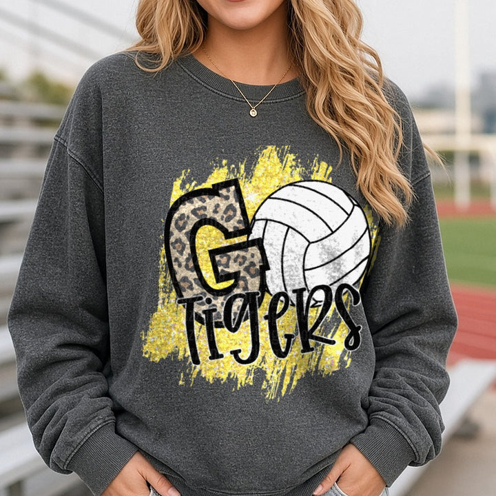 Go Tigers Volleyball Leopard Print Gold Glitter Design DTF transfer shown on a Comfort Colors sweatshirt