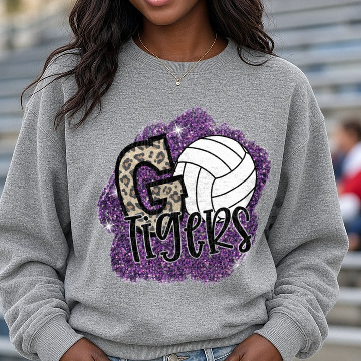 Go Tigers Volleyball Leopard Print Purple Glitter DTF transfer shown on a Comfort Colors sweatshirt