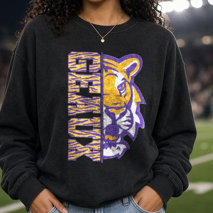 LSU Tigers Geaux Tiger Face Purple Gold Split Design DTF transfer shown on a Comfort Colors sweatshirt