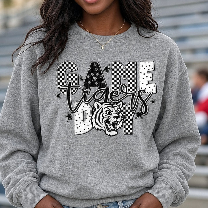 Game Day Tigers Roaring Mascot Checkered Stars Design DTF transfer shown on a Comfort Colors sweatshirt