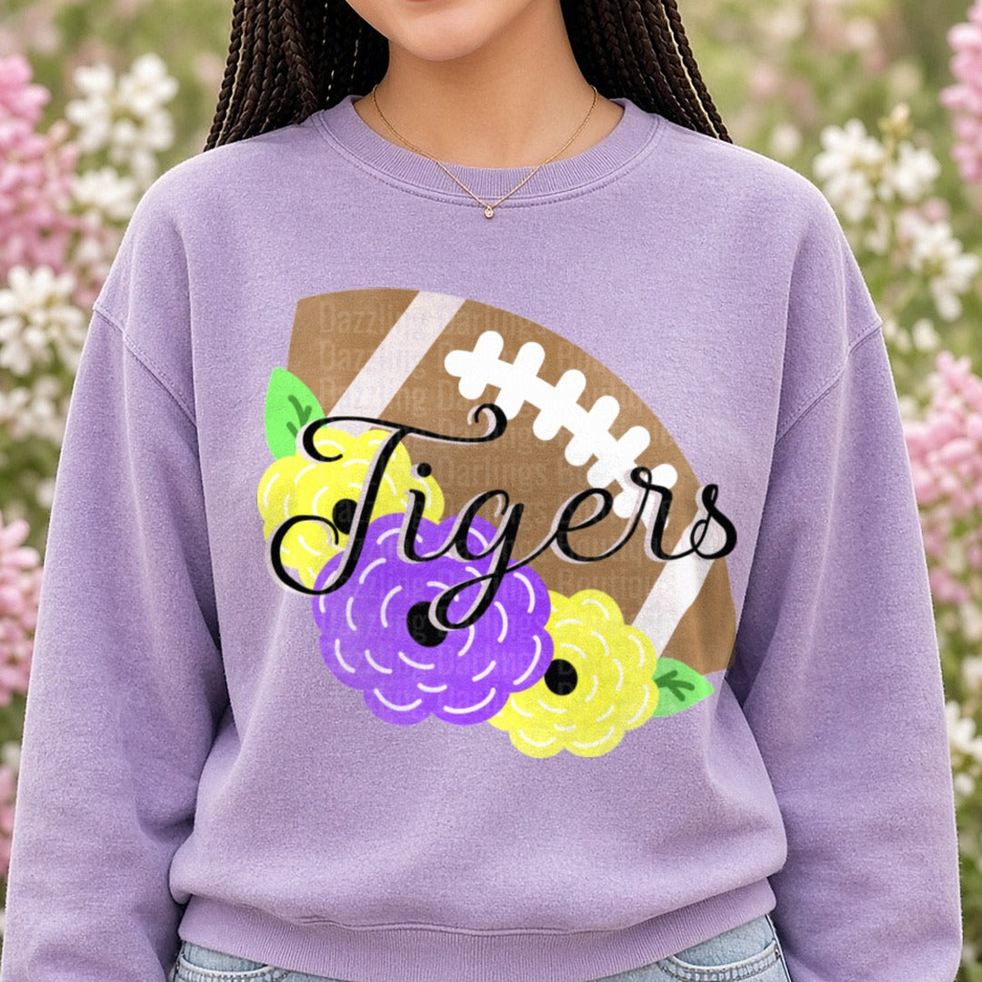 Tigers Football Floral Purple Yellow Script Design DTF transfer shown on a Comfort Colors sweatshirt