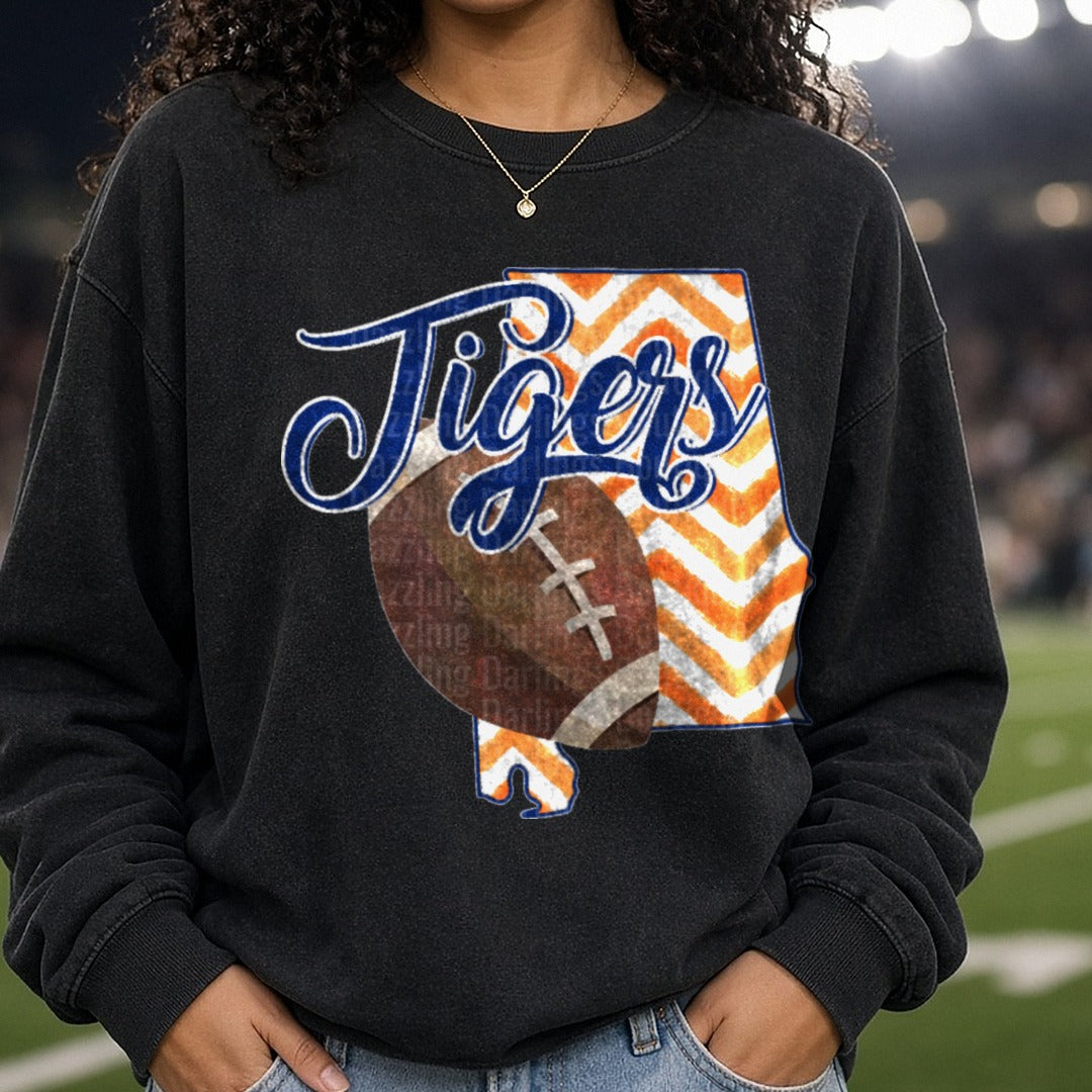 Tigers Script Alabama State Orange Chevron Football DTF transfer shown on a Comfort Colors sweatshirt