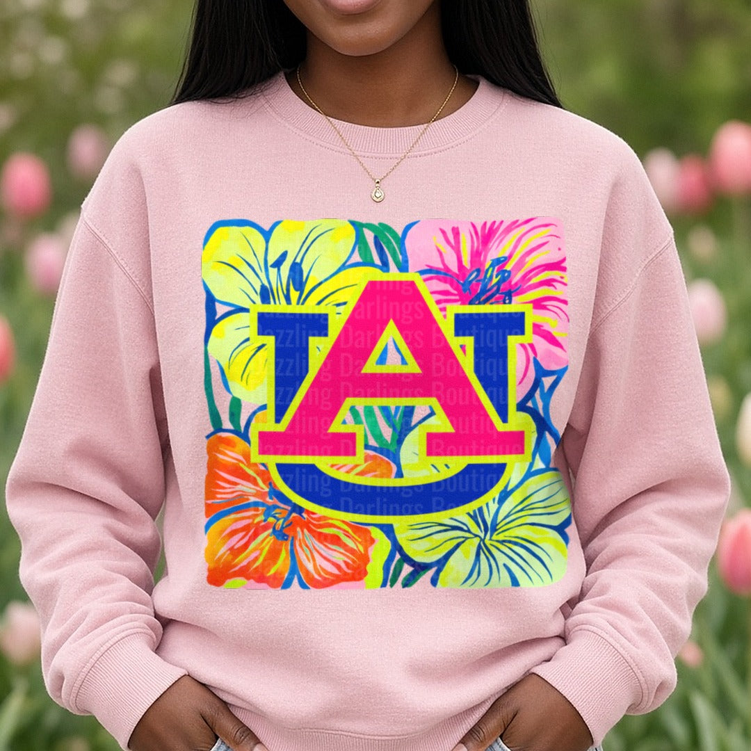 Auburn University AU Logo Tropical Floral Preppy Design DTF transfer shown on a Comfort Colors sweatshirt