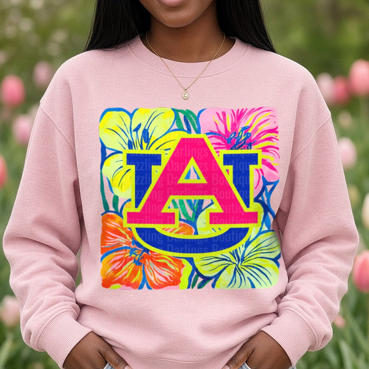 Auburn University AU Logo Tropical Floral Preppy Design DTF transfer shown on a Comfort Colors sweatshirt