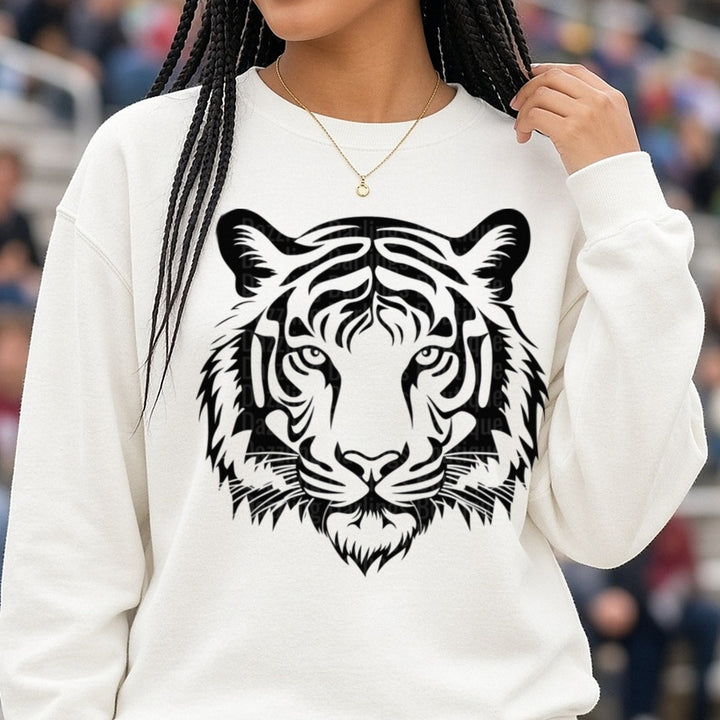 Bold Black and White Tiger Face Front View Tribal Art DTF transfer shown on a Comfort Colors sweatshirt
