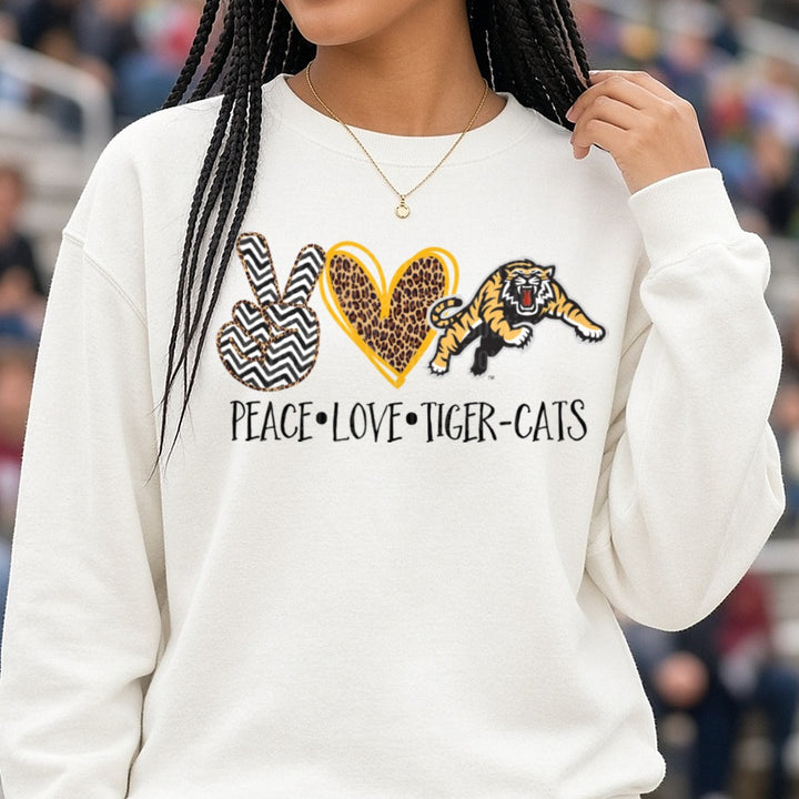 Peace Love Tiger-Cats Hamilton CFL Chevron Leopard Design DTF transfer shown on a Comfort Colors sweatshirt