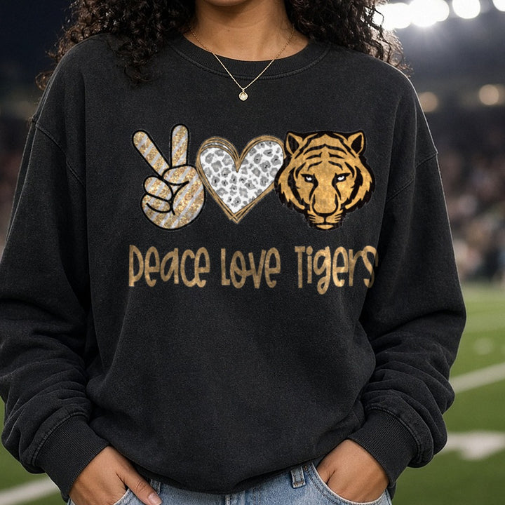 Peace Love Tigers Gold Glitter Leopard Heart Design DTF transfer shown on a Comfort Colors sweatshirt