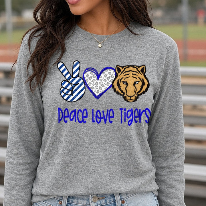 Peace Love Tigers Blue Glitter Leopard Heart Design DTF transfer shown on a Comfort Colors long sleeve tee