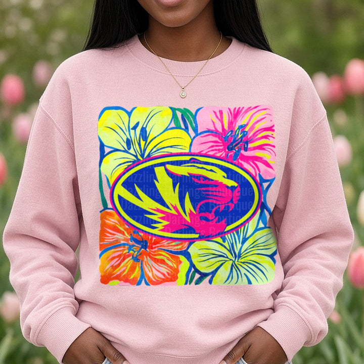 Mizzou Tigers Logo Neon Tropical Hibiscus Floral DTF transfer shown on a Comfort Colors sweatshirt