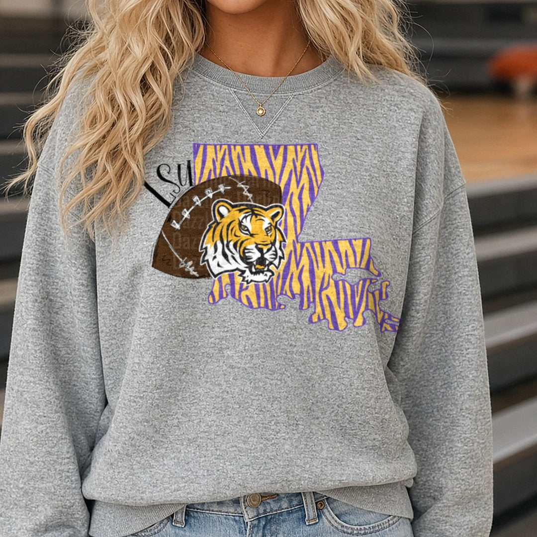 LSU Tigers Football Louisiana State Tiger Stripe Map Design DTF transfer shown on a Comfort Colors sweatshirt