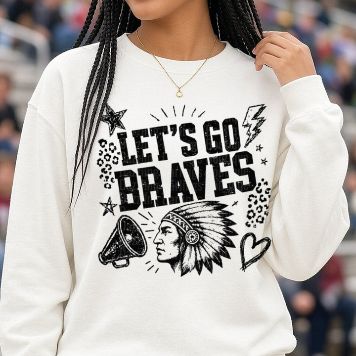 Let's Go Braves Native Chief Mascot Leopard Print Stars DTF transfer shown on a Comfort Colors sweatshirt