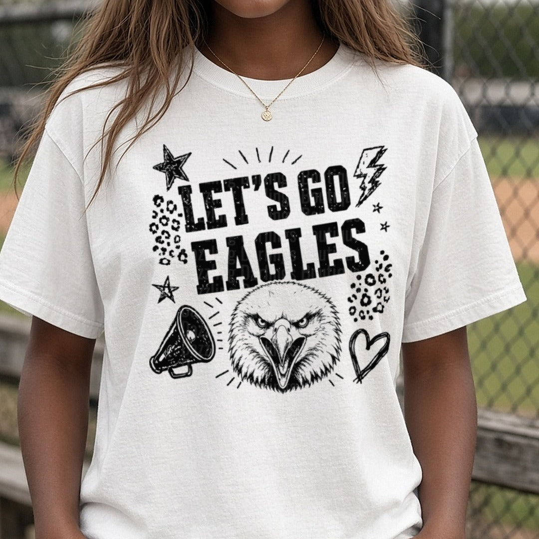 Let's Go Eagles Fierce Bald Eagle Mascot Spirit Design DTF transfer shown on a Comfort Colors tee
