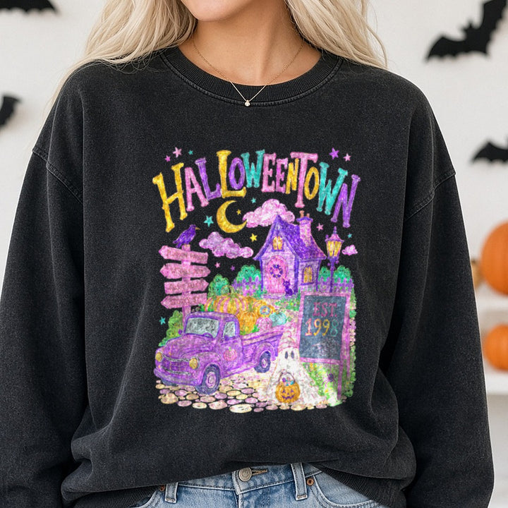 Halloweentown Est. 1998 Purple Truck Ghost Haunted House DTF transfer shown on a Comfort Colors sweatshirt