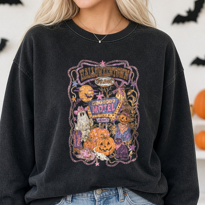 Halloweentown Est. 1998 Witches Motel Western Halloween DTF transfer shown on a Comfort Colors sweatshirt