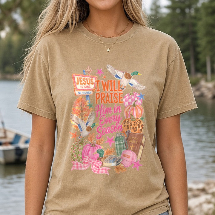 I Will Praise Him In Every Season Fall Duck Hunting Christian DTF transfer shown on a Comfort Colors tee