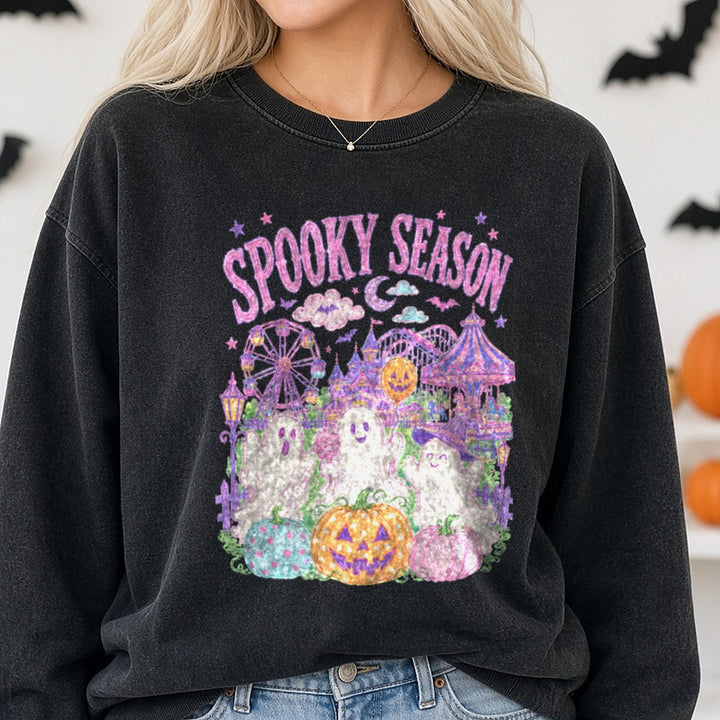 Spooky Season Cute Ghosts Halloween Carnival Pumpkins DTF transfer shown on a Comfort Colors sweatshirt