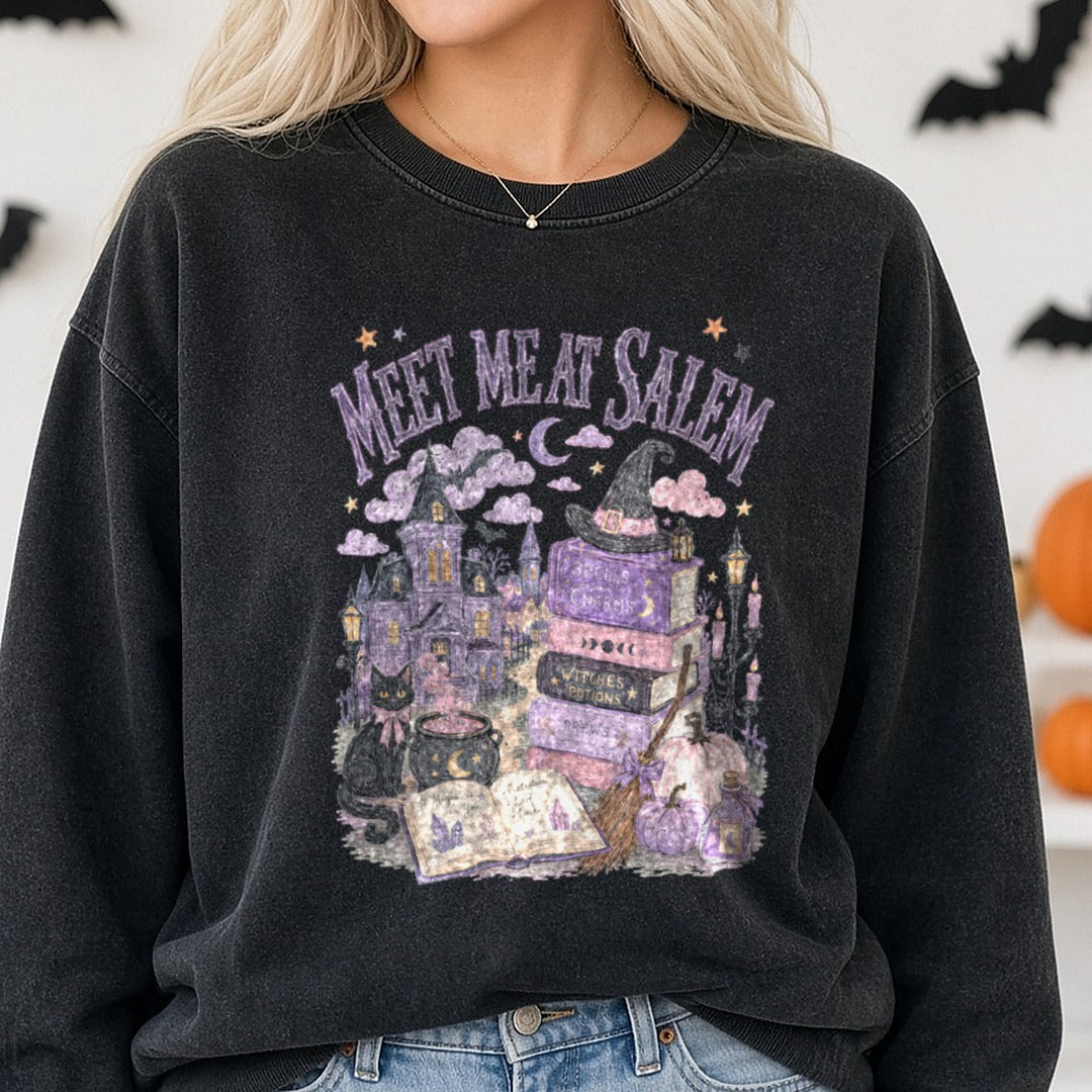 Meet Me At Salem Witchy Halloween Scene with Black Cat DTF transfer shown on a Comfort Colors sweatshirt