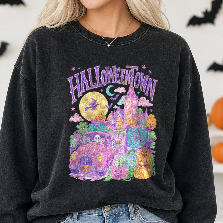 Halloweentown Est. 1998 Pastel Ghost Car Pumpkin Town DTF transfer shown on a Comfort Colors sweatshirt