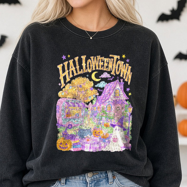 Halloweentown Pastel Whimsical Scene with Ghost and Pumpkins DTF transfer shown on a Comfort Colors sweatshirt